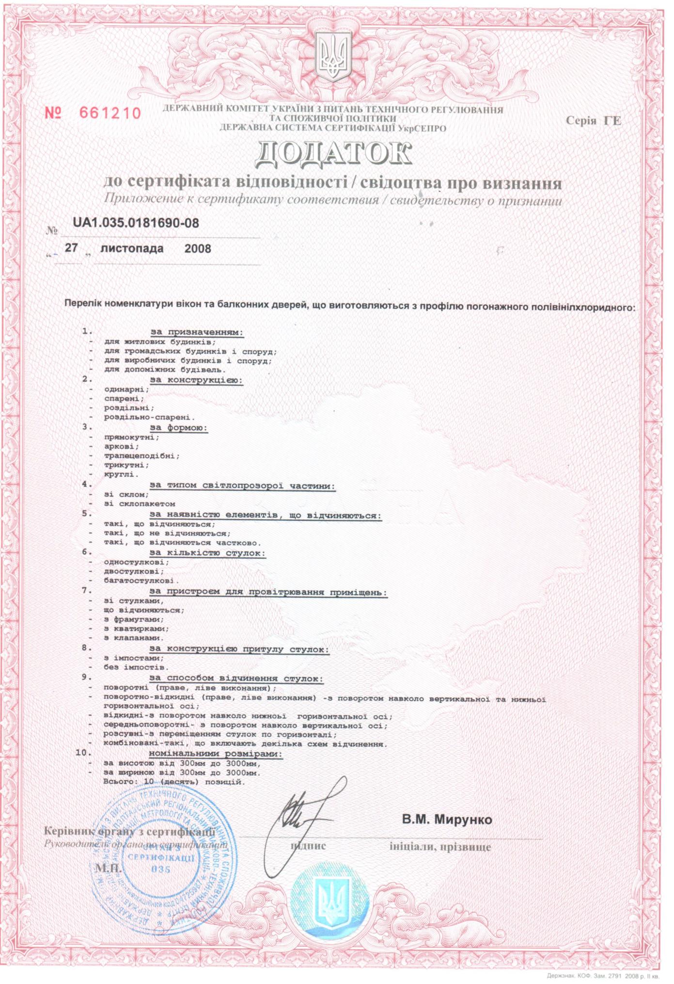 Сертификаты : Окна от завода Мтермо